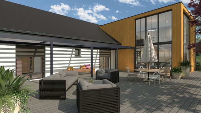 Renderizado 3D Ampliación de dos plantas con entramado de madera