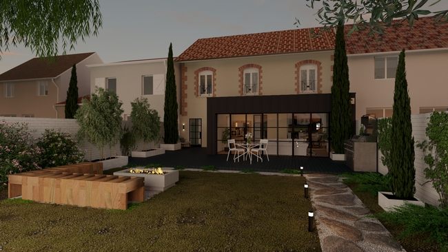 Extension toit plat d'une maison traditionnelle en fin de journée réalisé avec l logiciel Cedreo