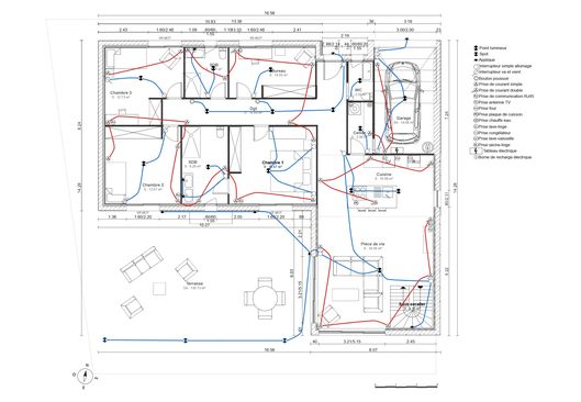 Plan électrique RDC maison en L réalisé avec Cedreo