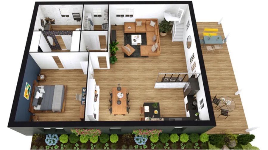3D floor plan of a barn house created with Cedreo