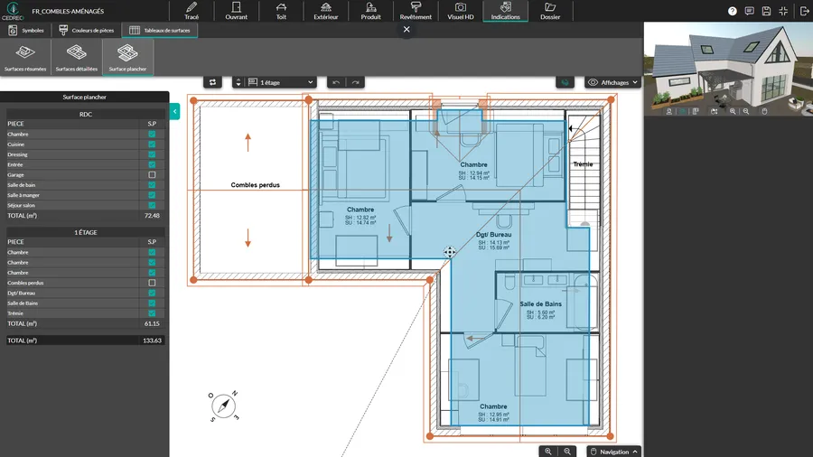 Capture d'écran du logiciel Cedreo avec mise en valeur de la surface plancher sur le plan 2D de l'étage