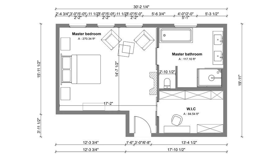 Master suite 2D floor plan with dimensions designed with Cedreo
