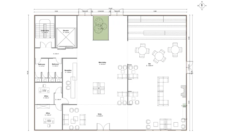 2D floor plan of a hotel lobby by Cedreo