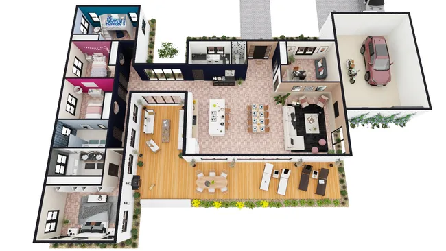 3D floor plan of a One-story ranch house with deck designed by Cedreo