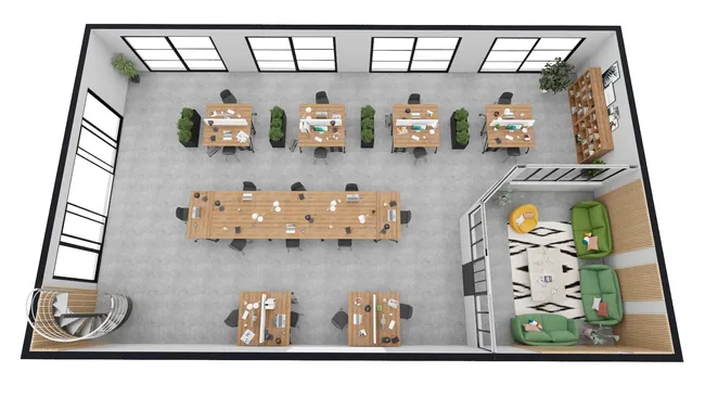3D floor plan of a multi-level office designd with Cedreo