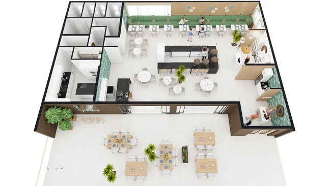 3D floor plan of a restaurant with terrace by Cedreo