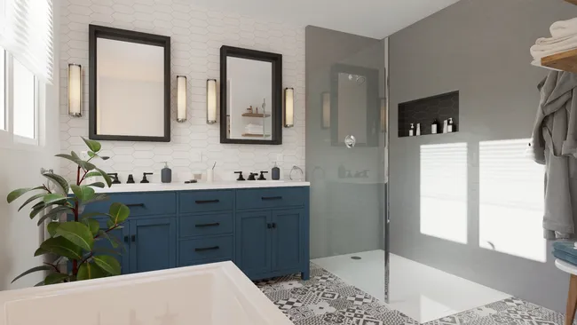 3D render of a bathroom with different wall tiles color by Cedreo