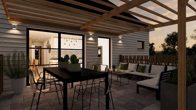 2D render of a concrete patio at night designed with Cedreo