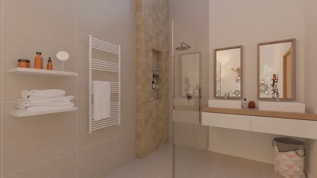 3D render of a bathroom with towel warmer by Cedreo