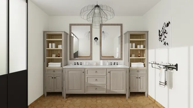 3D render of a rustic bathroom with black hardware by Cedreo