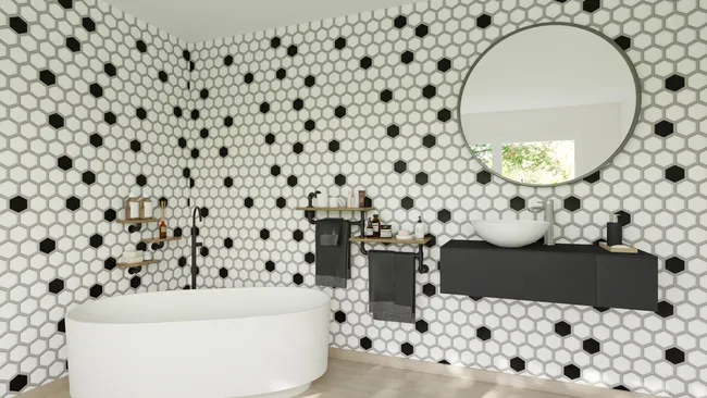 3D render of a bathroom with black and white graphic tiles by Cedreo