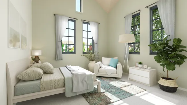 3D render of a bedroom with minimalist decor designed by Cedreo