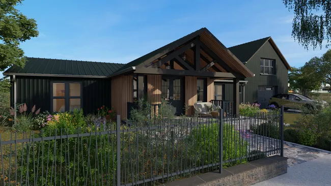 3D render of a front facade of a ranch-style house designed with Cedreo