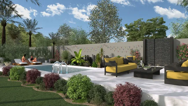 3D render of a landscaped garden with a terrace and a swimming pool designed with Cedreo