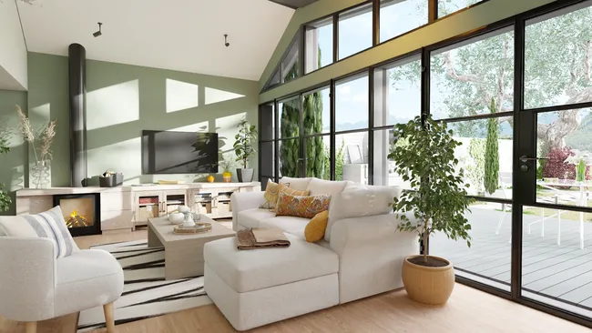 3D render of a livingroom addition with plenty of natural light by Cedreo
