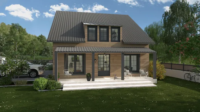 3D render of a modern cottage tiny house designed with Cedreo