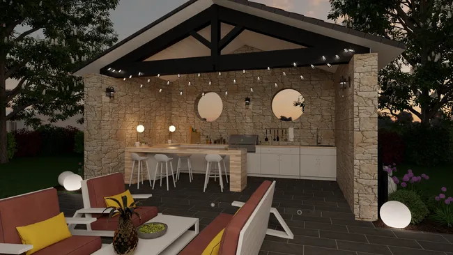 3D render of an outddor kitchen designed with Cedreo