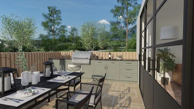 3D render of a small outddor kitchen designed with Cedreo