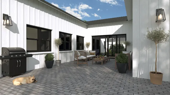 3D render of a paved backyard patio designed with Cedreo