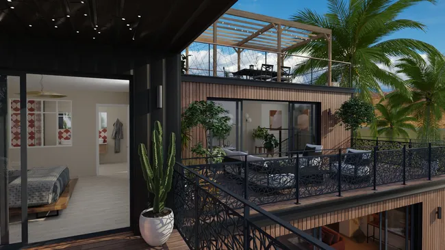 3D render of a luxury shipping container terrace designed with Cedreo