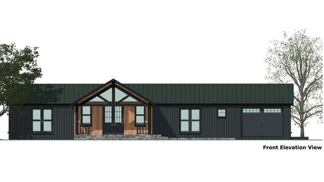 Elevation view of a ranch house with architectural details made with Cedreo