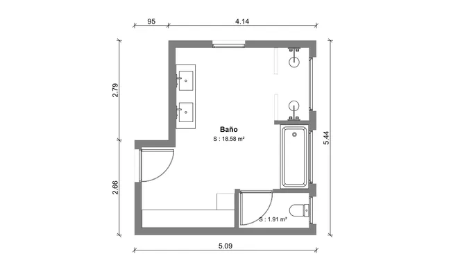Plano 2D del cuarto de baño con símbolos creados con Cedreo