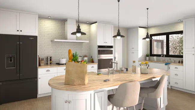 Renderización 3D de cocina con paredes texturizadas diseñada con Cedreo