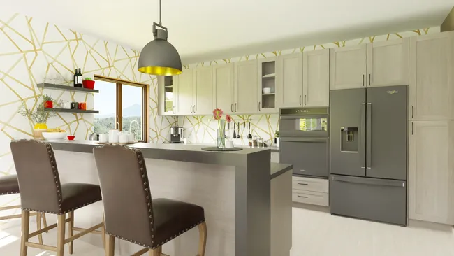 Renderización 3D de una cocina en tonos blancos suaves y grisáceos diseñada con Cedreo