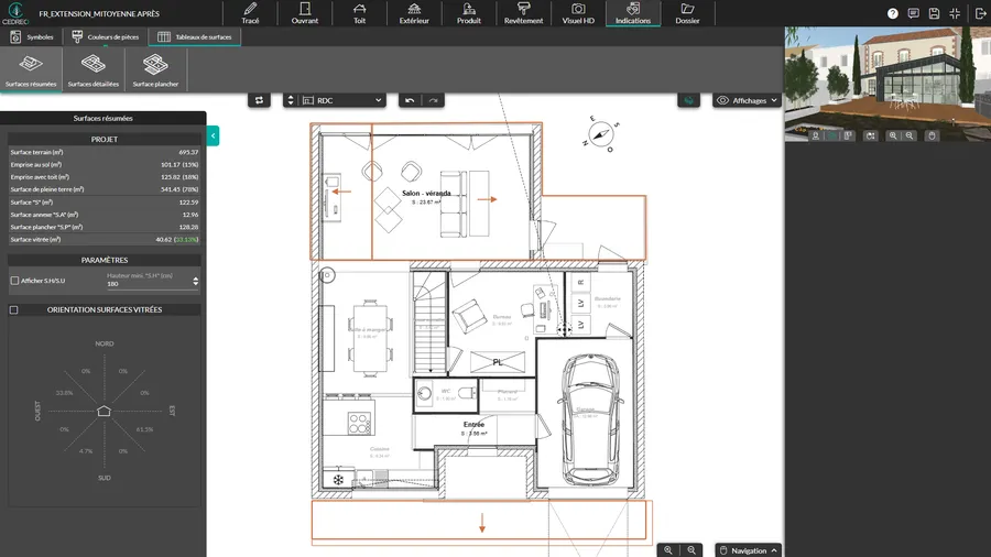 Capture d'écran du logiciel Cedreo avec mise en valeur des surfaces