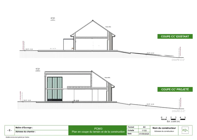Exemple de la page plans de coupe d'un permis de construire pour une extension réalisé avec Cedreo