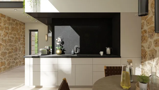 Rendu 3d d'une cuisine moderne dans une rénovation d'une maison ancienne réaliser avec le logiciel Cedreo