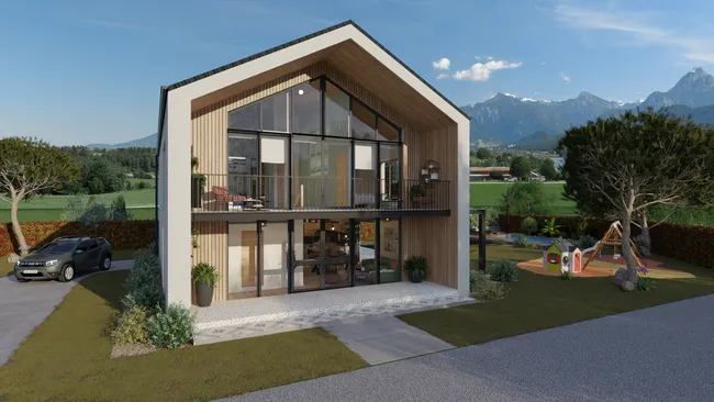 Visuel 3D d'une maison contemporaine avec paysage de montagne réalisé avec Cedreo