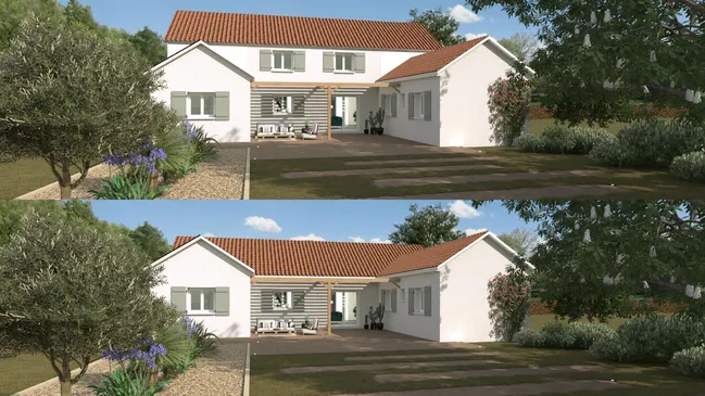 Rendu 3D avant-après d'une maison de plein pied avec une surélévation réaliser avec Cedreo