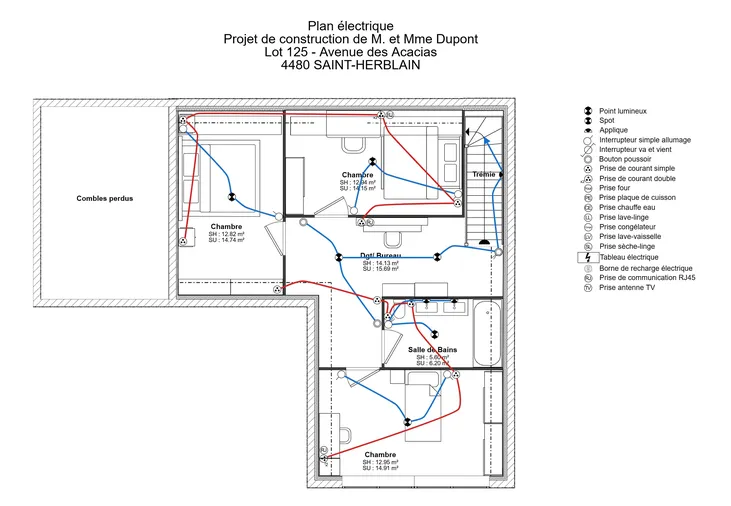 Plan électrique de l'étage d'une maison moderne réalisé avec Cedreo