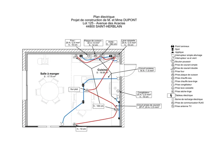 Plan électrique d'une cuisine avec annotations des hauteurs de pose réalisé avec Cedreo