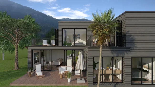 3D render of a house with a modular extension generated with Cedreo