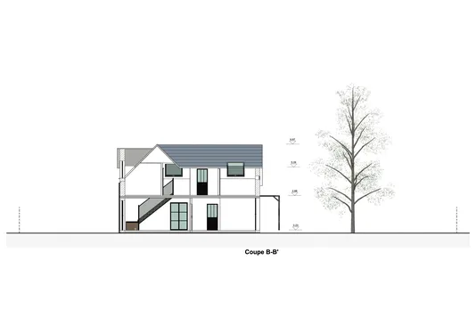 Plan de coupe avec cotes d'élévation d'une maison avec combles aménagés