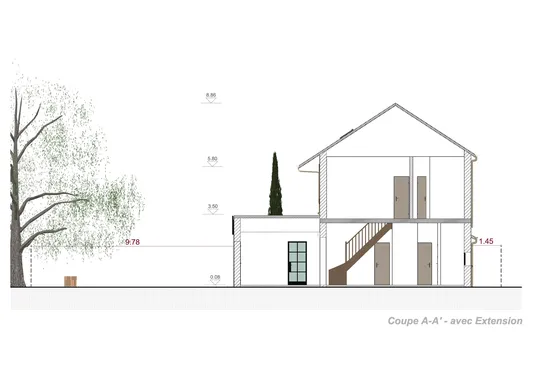 Plan de coupe réalisé avec Cedreo d'une maison avec extension