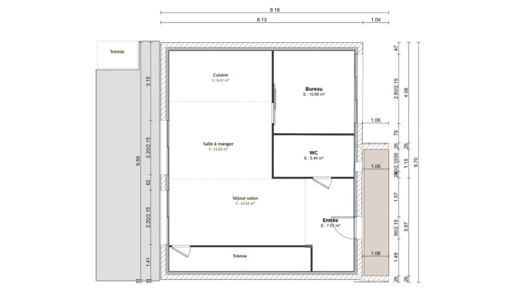 Plan 2D simple avec surfaces et noms des pièces