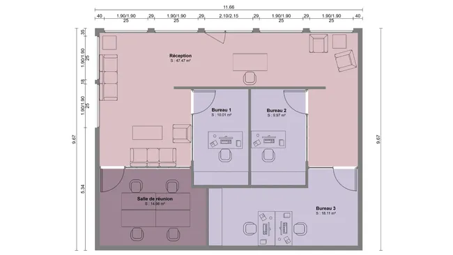 Plan 2D avec couleurs et symboles d'un local commercial réalisé avec Cedreo
