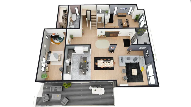 Cedreo Plano 3D de la planta baja de una casa moderna con fondo blanco