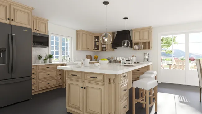 3D render of a kitchen with natural wood cabinet by Cedreo