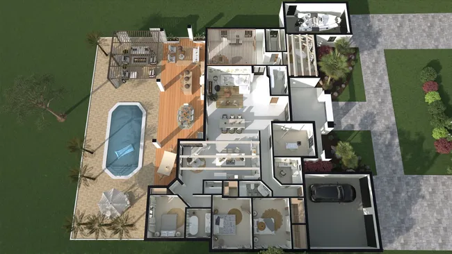 Cedreo plano de sitio 3D de una casa de una sola planta con jardín