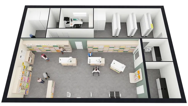 Plan 3D d'un local commercial (pharmacie) réalisé avec Cedreo