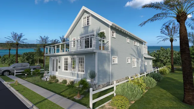 3D render of a coastal house with porch enclosure designed with Cedreo