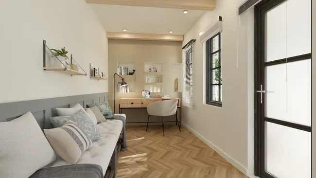3D rendering of a room with dual use: office and guest room by Cedreo