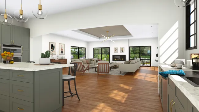 3D render of a large open living room with kitchen and living room by Cedreo