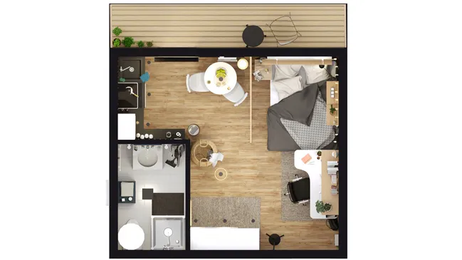 3D floor plan of a private in-law studio by Cedreo
